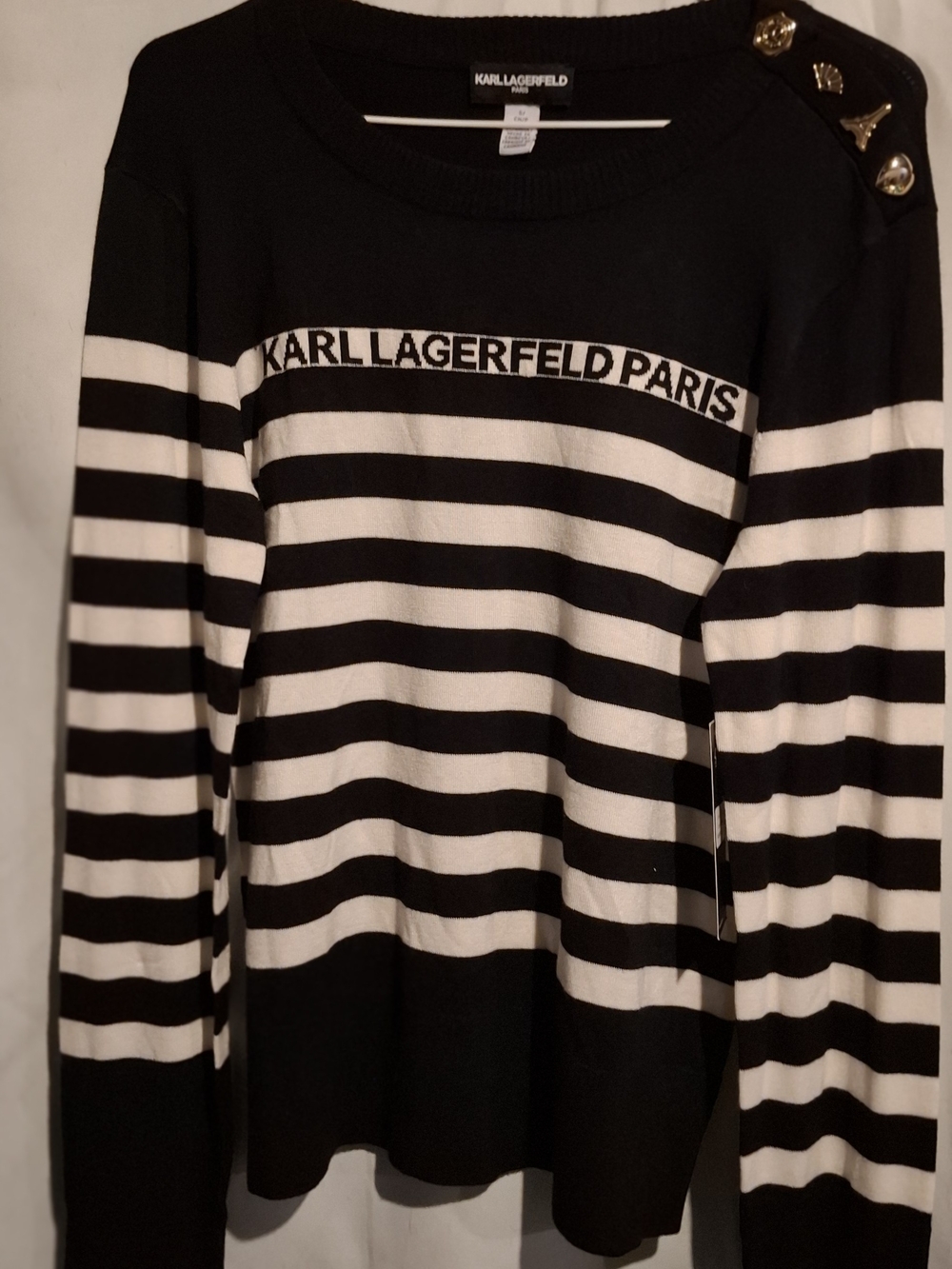 Karl Lagerfeld Black & White Striped Crewneck Sweater with Gold Buttons